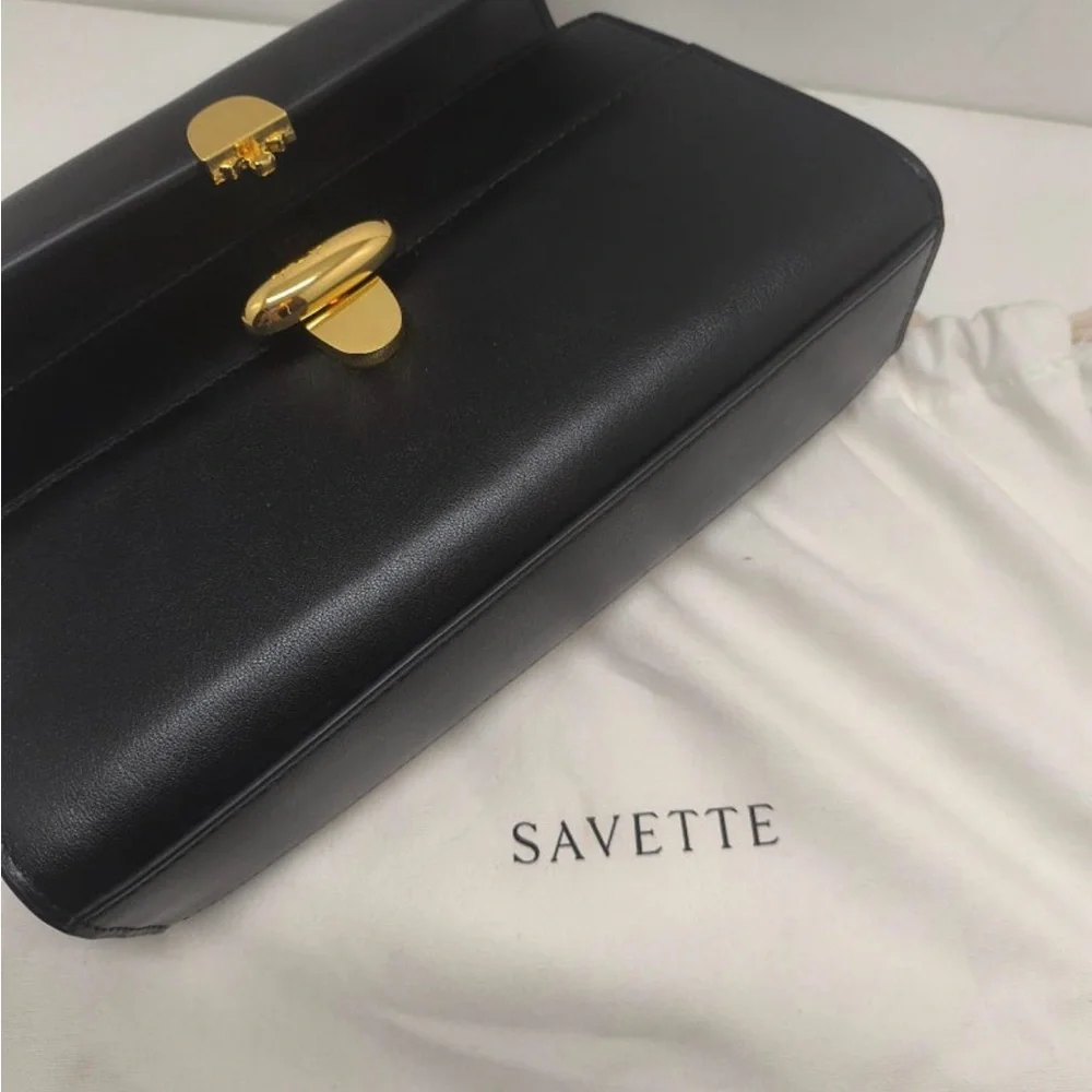 Savette‎ Black Leather Symmetry Top Handle Clutch Bag